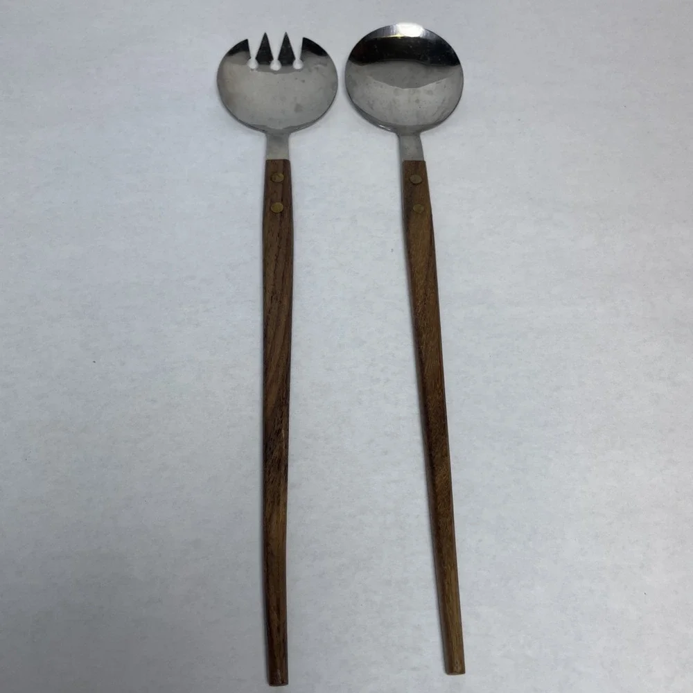 MCM Salad Serving Spoon & Fork Set Wood Handle Stainless Vintage Japan -11 1/2 